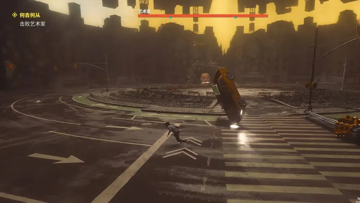 The Artist arena during a thrown-car attack, with the boss health bar visible
