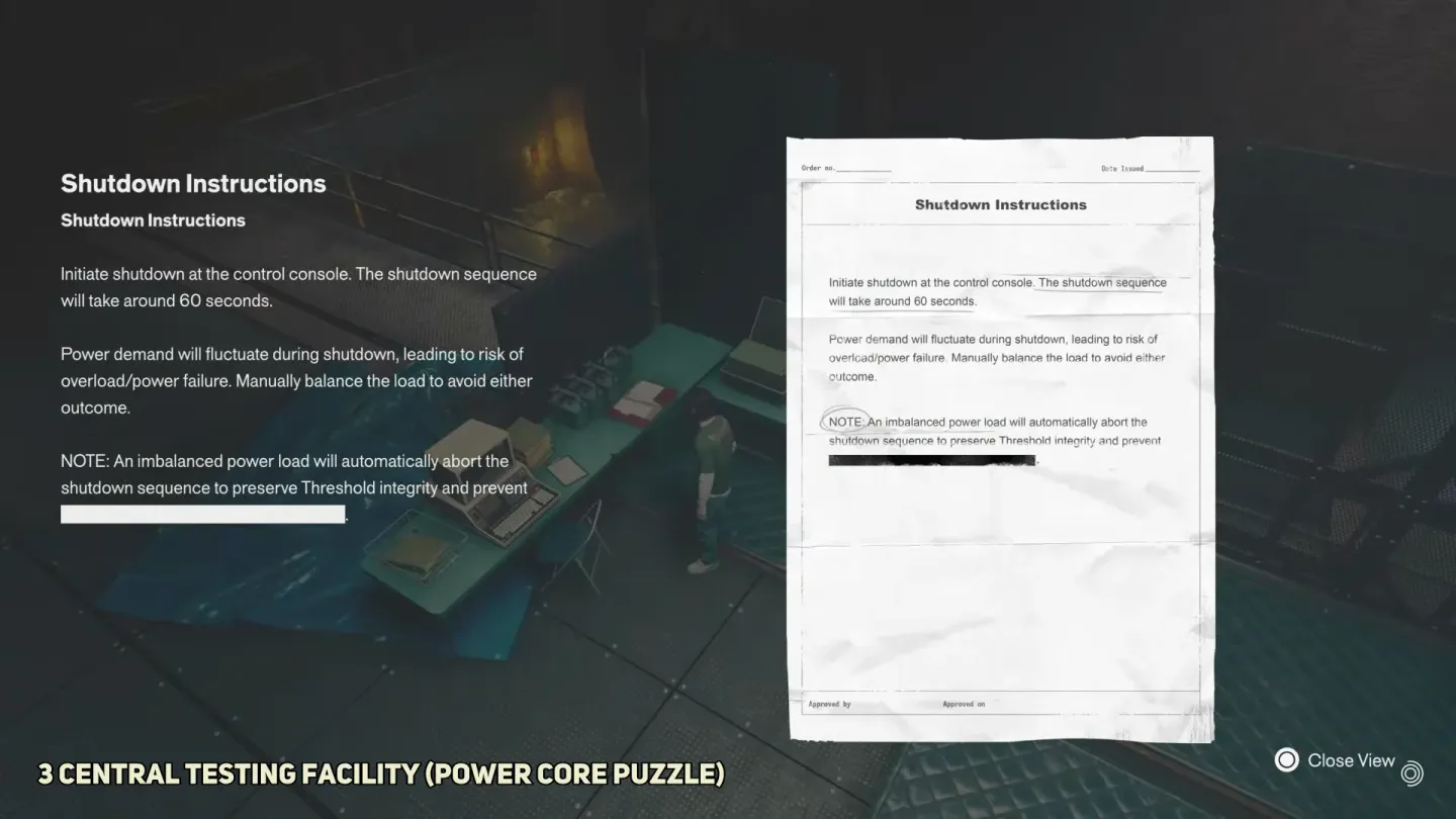 The Central facility's in-game shutdown instructions warning that demand changes during the 60-second sequence